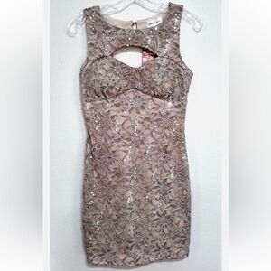 Emerald Sundae Nude and Gold with Lace & Sequins Halter Bodycon Mini Dress